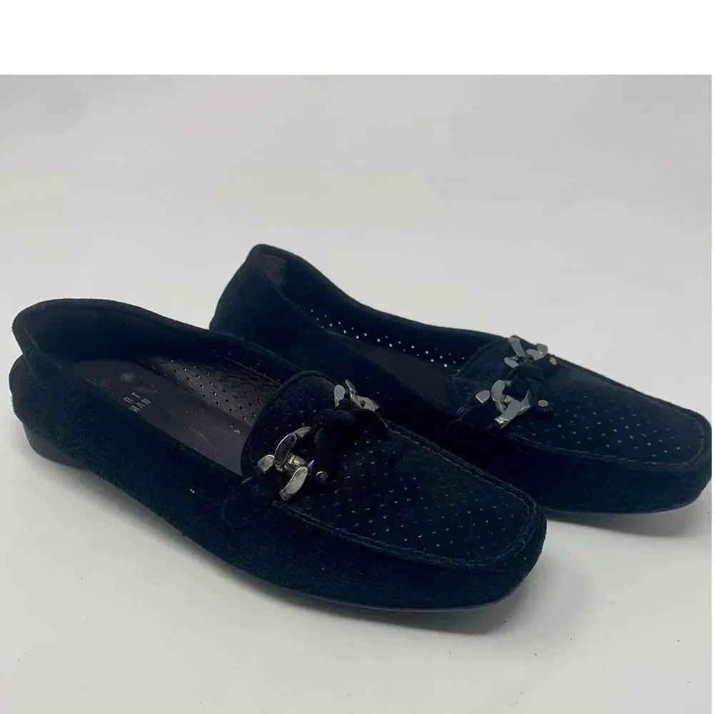 Stuart‎ Weitzman Black Suede Perforated Loafers